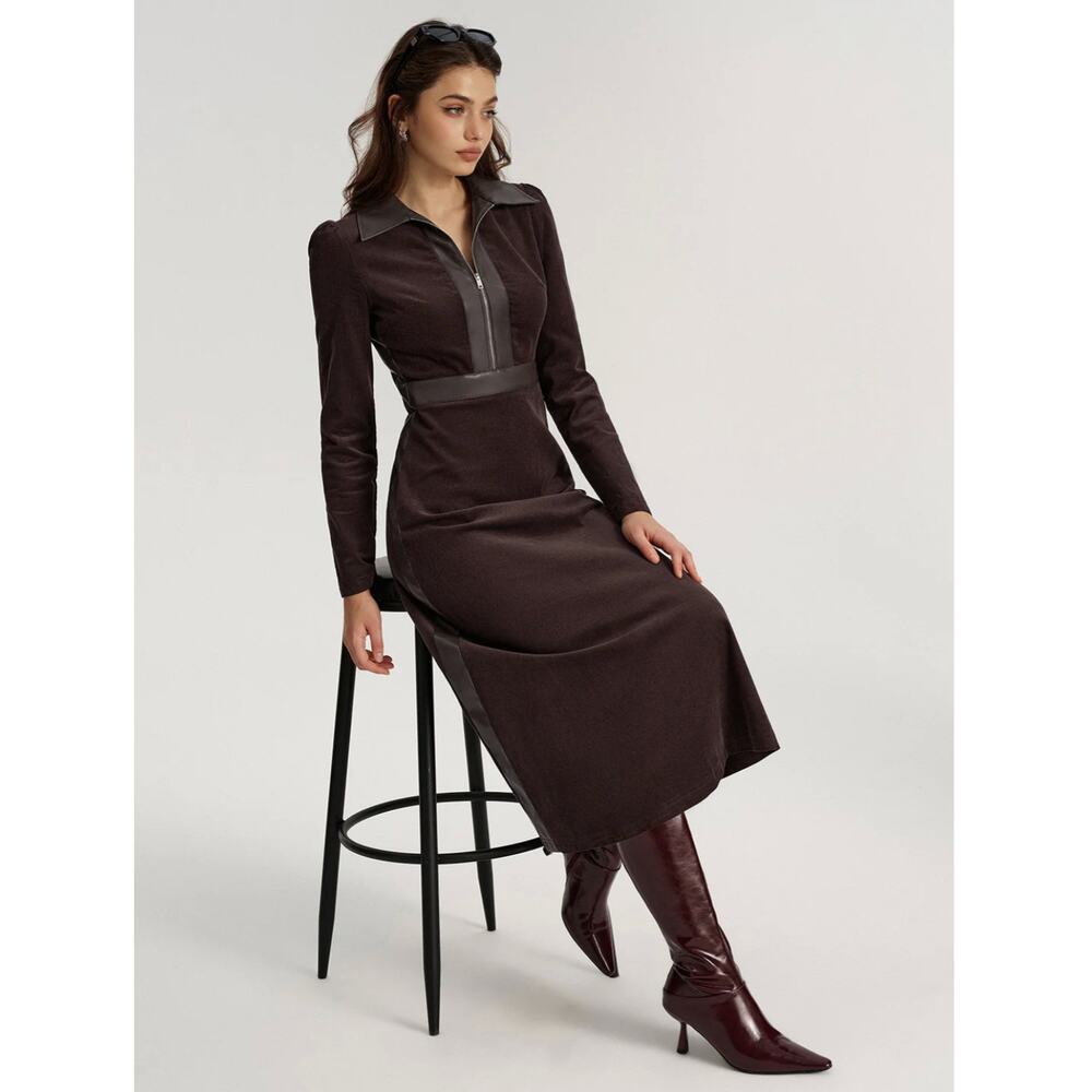 NWT Women's Commense Faux Leather Panel Corduroy Midi Dress Sz M - Picture 3 of 3